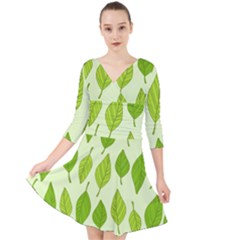 Autumn Background Boxes Green Leaf Quarter Sleeve Front Wrap Dress by Wegoenart