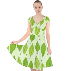 Autumn Background Boxes Green Leaf Cap Sleeve Front Wrap Midi Dress by Wegoenart