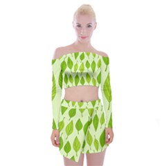 Autumn Background Boxes Green Leaf Off Shoulder Top With Mini Skirt Set by Wegoenart