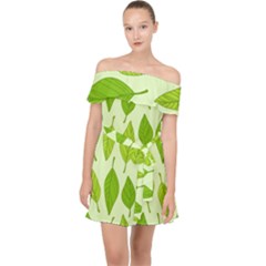 Autumn Background Boxes Green Leaf Off Shoulder Chiffon Dress