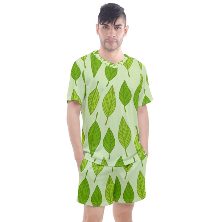 Autumn Background Boxes Green Leaf Men s Mesh Tee and Shorts Set