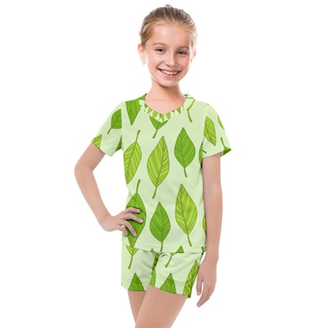 Autumn Background Boxes Green Leaf Kids  Mesh Tee And Shorts Set by Wegoenart