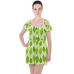 Autumn Background Boxes Green Leaf Ruffle Cut Out Chiffon Playsuit by Wegoenart