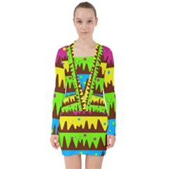 Illustration Abstract Graphic V-neck Bodycon Long Sleeve Dress by Wegoenart