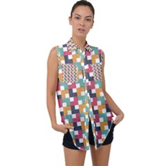 Background Abstract Geometric Sleeveless Chiffon Button Shirt