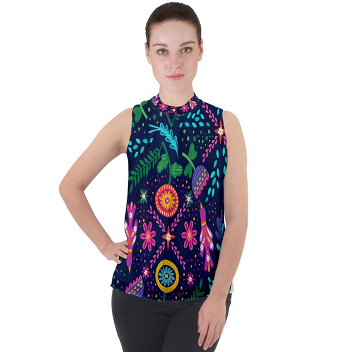 Pattern Nature Design Patterns Mock Neck Chiffon Sleeveless Top