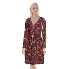 Lava Cracked Background Fire Long Sleeve Velvet Front Wrap Dress by Wegoenart