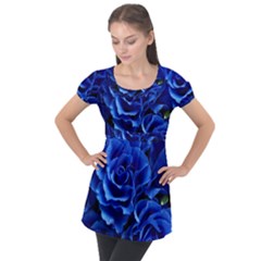 Blue Roses Flowers Plant Romance Puff Sleeve Tunic Top