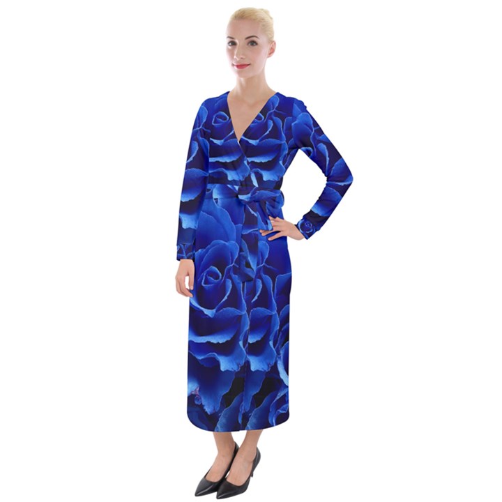 Blue Roses Flowers Plant Romance Velvet Maxi Wrap Dress