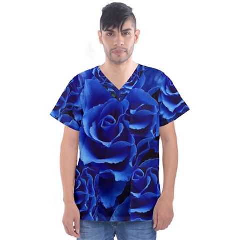 Blue Roses Flowers Plant Romance Men s V-neck Scrub Top by Wegoenart