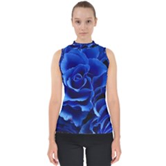 Blue Roses Flowers Plant Romance Mock Neck Shell Top by Wegoenart