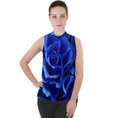 Blue Roses Flowers Plant Romance Mock Neck Chiffon Sleeveless Top