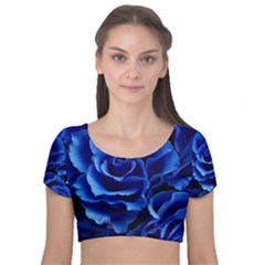 Blue Roses Flowers Plant Romance Velvet Short Sleeve Crop Top  by Wegoenart