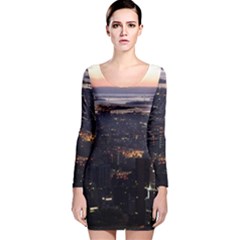 New York Manhattan Evening Dusk Long Sleeve Velvet Bodycon Dress by Wegoenart