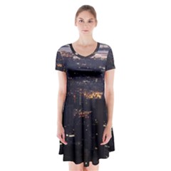 New York Manhattan Evening Dusk Short Sleeve V-neck Flare Dress by Wegoenart