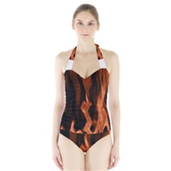 Smoke Flame Abstract Orange Red Halter Swimsuit by Wegoenart