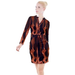 Smoke Flame Abstract Orange Red Button Long Sleeve Dress