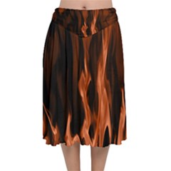 Smoke Flame Abstract Orange Red Velvet Flared Midi Skirt by Wegoenart