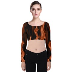 Smoke Flame Abstract Orange Red Velvet Long Sleeve Crop Top by Wegoenart