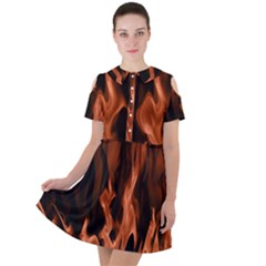 Smoke Flame Abstract Orange Red Short Sleeve Shoulder Cut Out Dress 