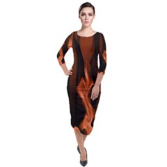 Smoke Flame Abstract Orange Red Quarter Sleeve Midi Velour Bodycon Dress