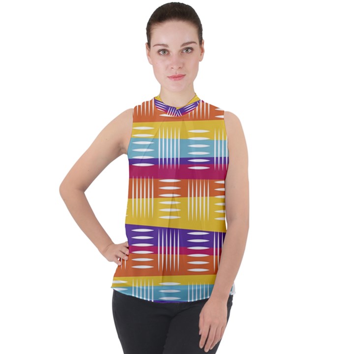 Art Background Abstract Mock Neck Chiffon Sleeveless Top