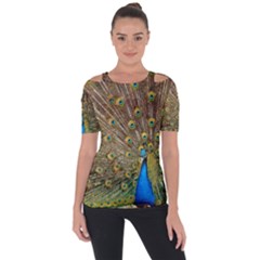 Peacock Plumage Bird Peafowl Shoulder Cut Out Short Sleeve Top by Wegoenart