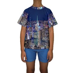 New York Manhattan Night Building Kids  Short Sleeve Swimwear by Wegoenart