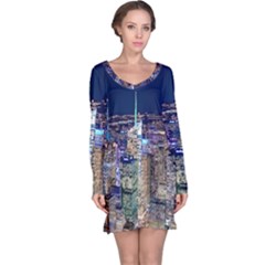 New York Manhattan Night Building Long Sleeve Nightdress by Wegoenart