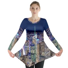 New York Manhattan Night Building Long Sleeve Tunic  by Wegoenart