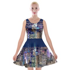 New York Manhattan Night Building Velvet Skater Dress