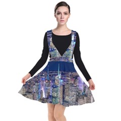 New York Manhattan Night Building Plunge Pinafore Dress