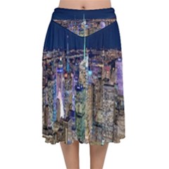 New York Manhattan Night Building Velvet Flared Midi Skirt by Wegoenart