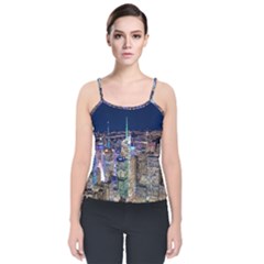 New York Manhattan Night Building Velvet Spaghetti Strap Top by Wegoenart