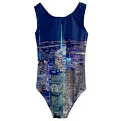 New York Manhattan Night Building Kids  Cut-out Back One Piece Swimsuit by Wegoenart