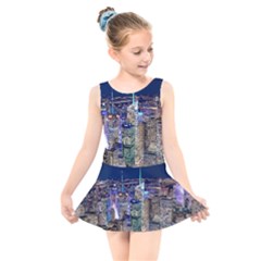 New York Manhattan Night Building Kids  Skater Dress Swimsuit by Wegoenart