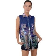 New York Manhattan Night Building Sleeveless Chiffon Button Shirt