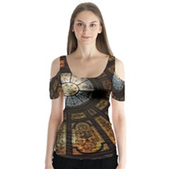 Art Ceiling Dome Pattern Butterfly Sleeve Cutout Tee 