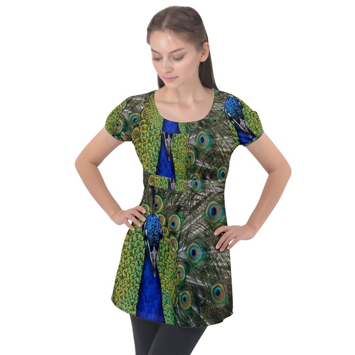 Peacock Close Up Plumage Bird Head Puff Sleeve Tunic Top