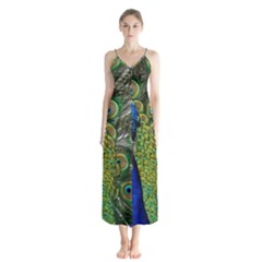 Peacock Close Up Plumage Bird Head Button Up Chiffon Maxi Dress by Wegoenart