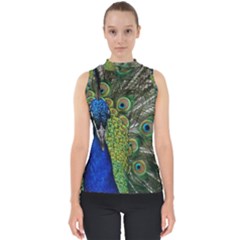 Peacock Close Up Plumage Bird Head Mock Neck Shell Top by Wegoenart