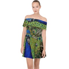 Peacock Close Up Plumage Bird Head Off Shoulder Chiffon Dress