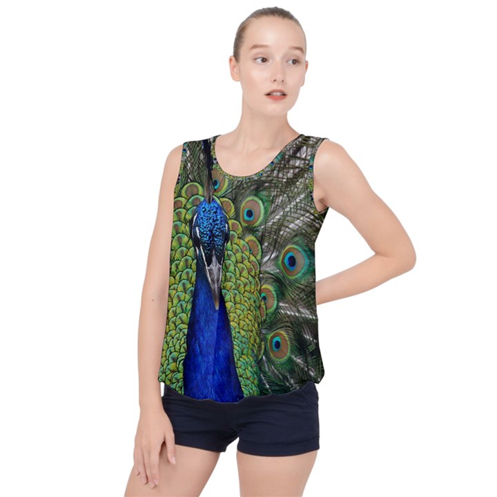 Peacock Close Up Plumage Bird Head Bubble Hem Chiffon Tank Top