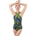 Peacock Close Up Plumage Bird Head Cross Front Low Back Swimsuit View1