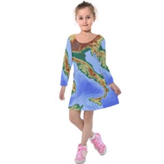 Italy Alpine Alpine Region Map Kids  Long Sleeve Velvet Dress by Wegoenart