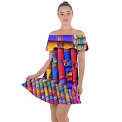 Substances Colorful Towels Scarf Off Shoulder Velour Dress