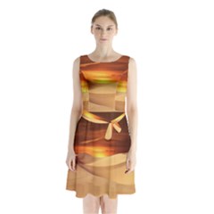 Desert Sun Landscape Sunset Dune Sleeveless Waist Tie Chiffon Dress by Wegoenart