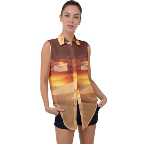 Desert Sun Landscape Sunset Dune Sleeveless Chiffon Button Shirt by Wegoenart