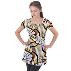 Pattern Fractal Gold Pointed Puff Sleeve Tunic Top