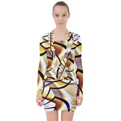 Pattern Fractal Gold Pointed V-neck Bodycon Long Sleeve Dress by Wegoenart